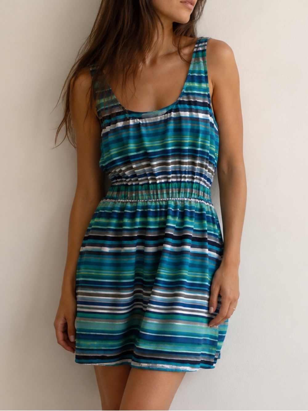 🌻3/$10 LOFT Blue Green‎ Stripe Sleeveless Sundress Size XS Coastal Resort